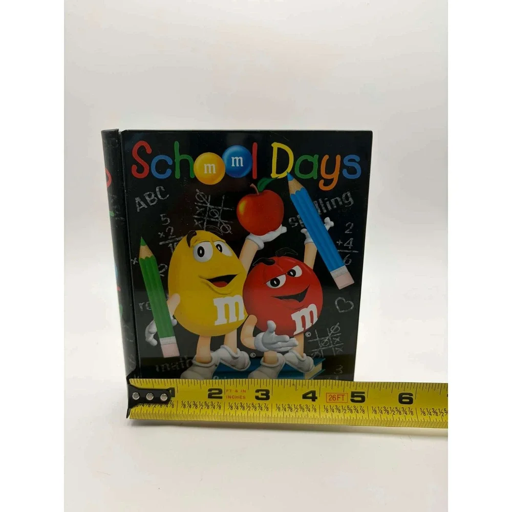 M&M'S School Days‎ Metal Tin Book Shape Red & Yellow Characters Vintage Storage